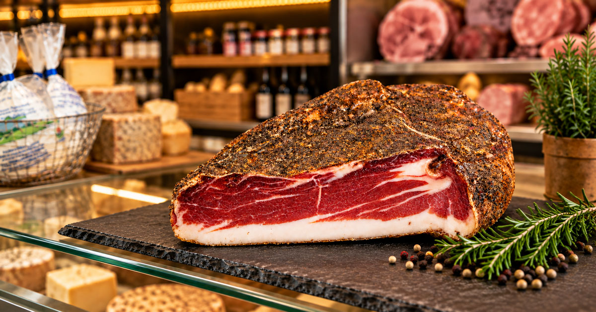 Speck Riserva Nazionale con coscia di suino italiano al banco di Sapori di Norcia a Casal Palocco, Roma Sud